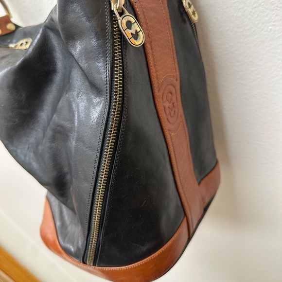 Marino Orlando Handmade Italian Black Leather Backpack Bucket Bag brown trim